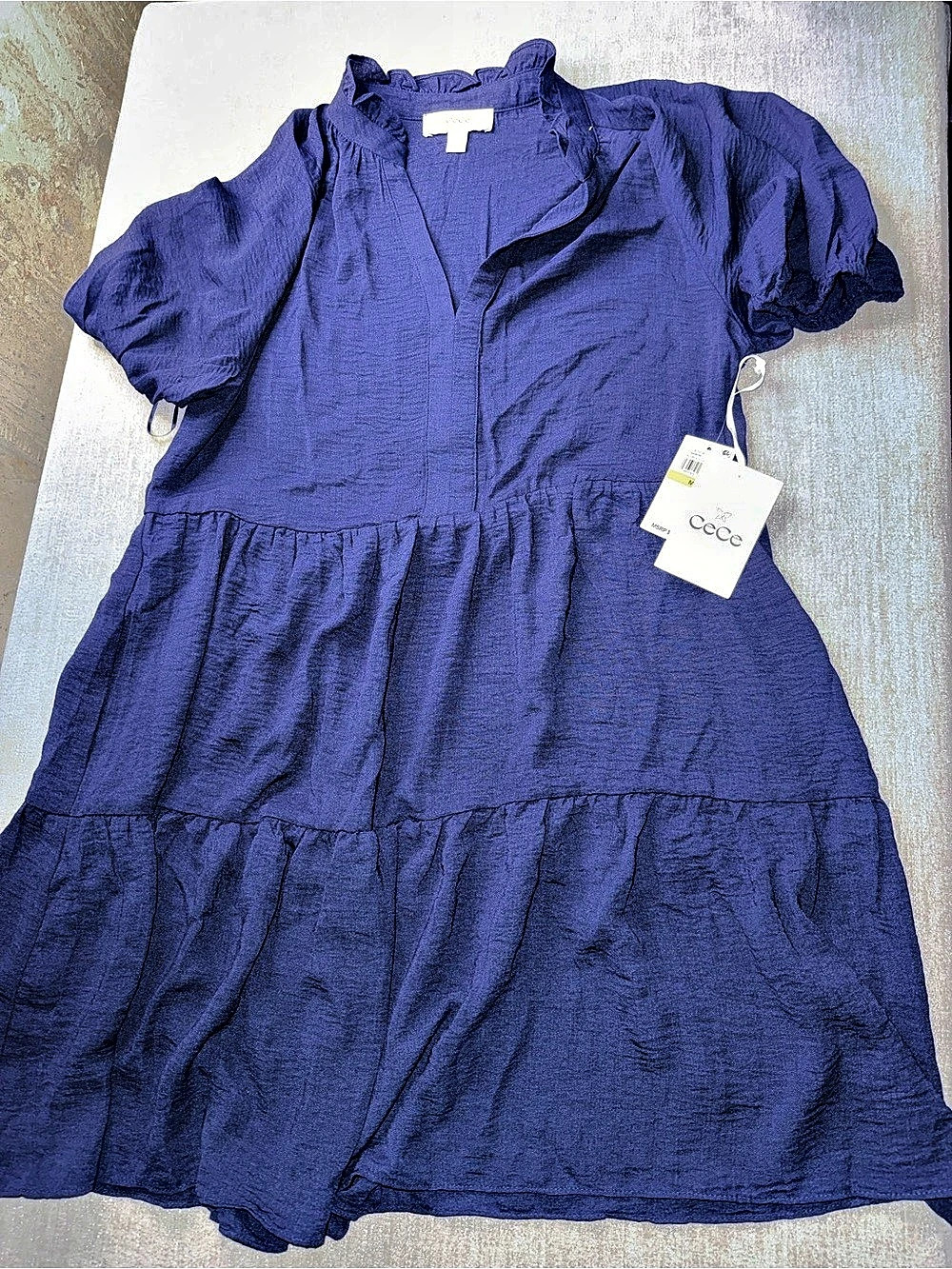 NWT CeCe Navy Tiered Ruffle Puff Sleeve Dress M